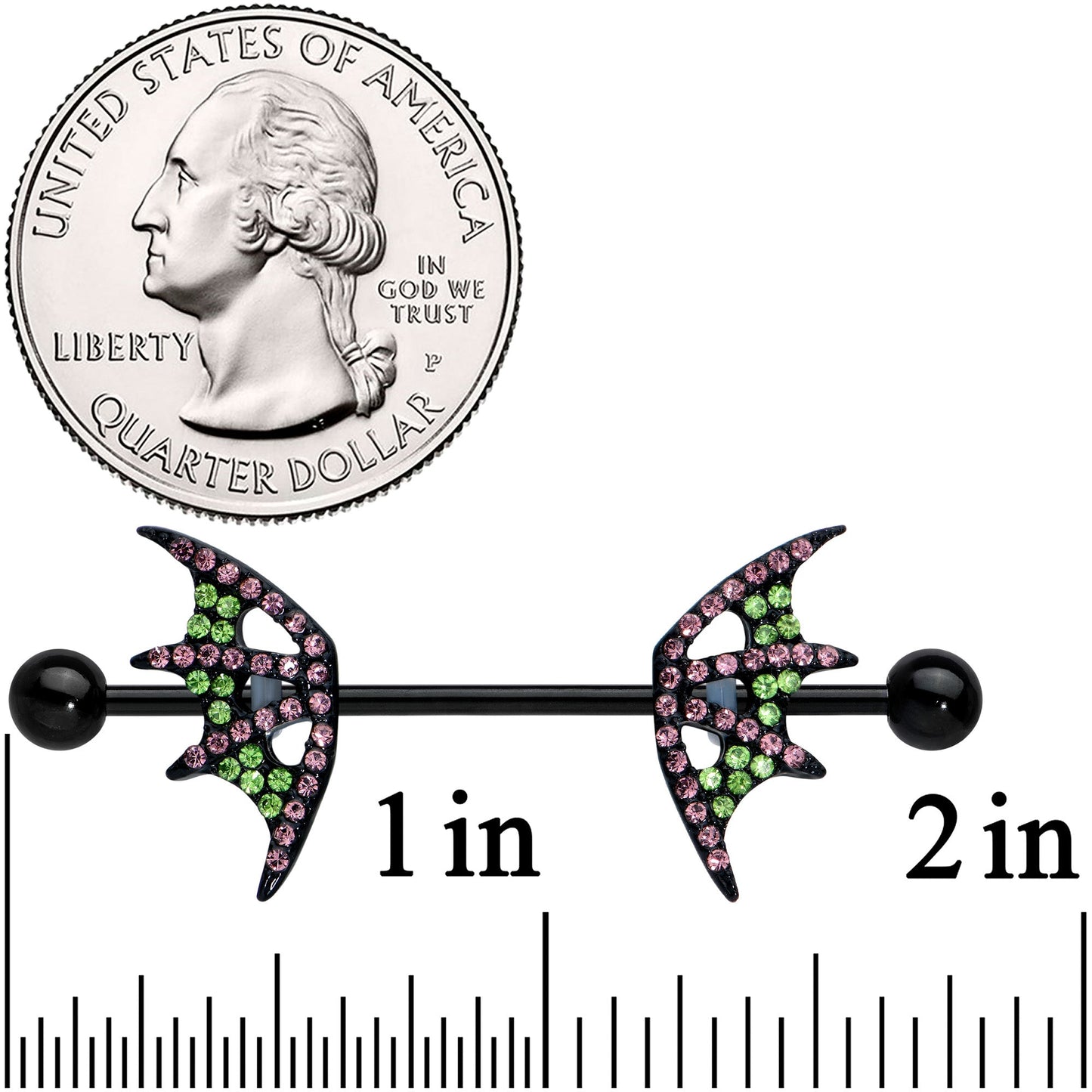 14 Gauge 13/16 Pink Green Gem Black Bat Wing Barbell Nipple Ring Set