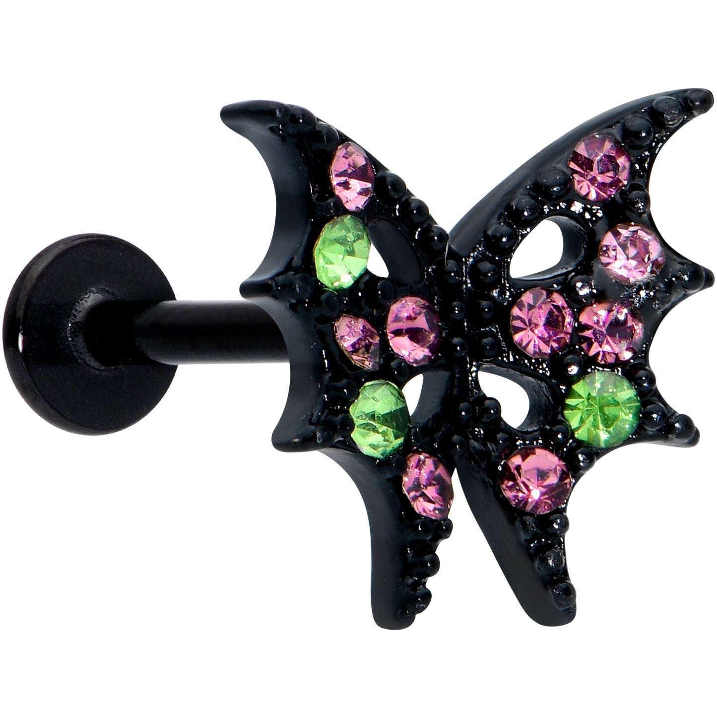 16 Gauge 5/16 Pink Green Gem Black Bat Wings Halloween Labret Tragus