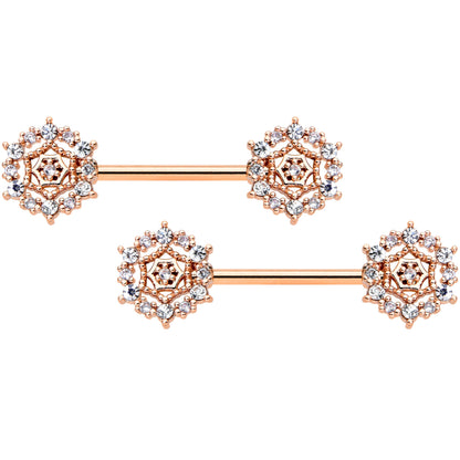 14 Gauge 9/16 Clear CZ Gem Rose Gold Hue Geometric Web Nipple Ring Set