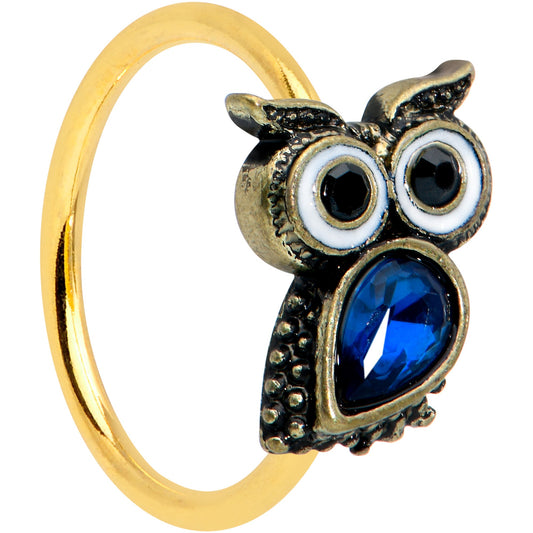 20 Gauge 5/16 Blue Gem Gold Tone Wide Eyed Owl Nose Hoop