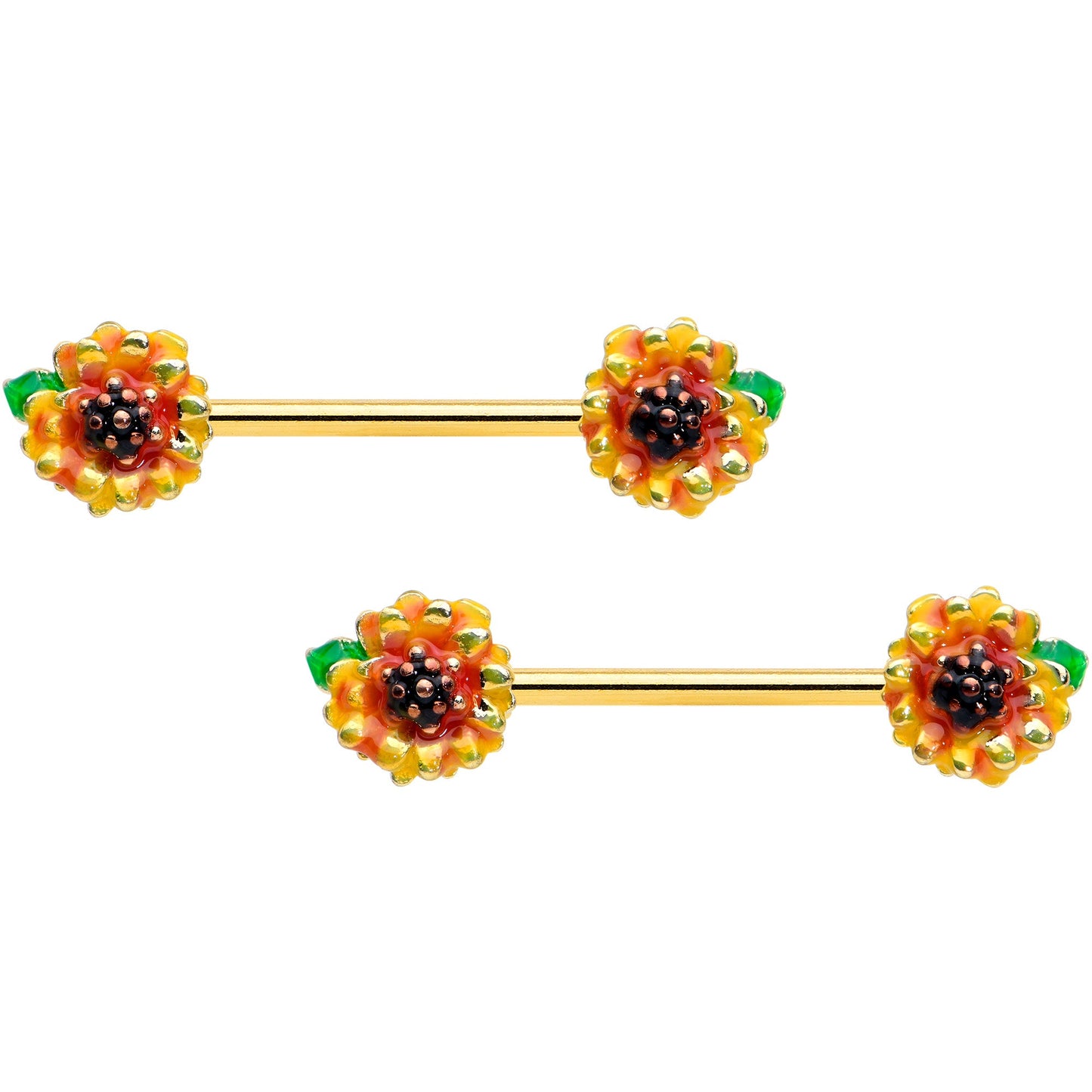 14 Gauge 9/16 Gold Tone Summer Sunflower Barbell Nipple Ring Set