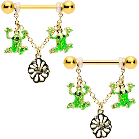 14 Gauge 5/8 Clear Gem Gold Tone Frog Flower Dangle Nipple Ring Set