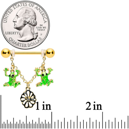 14 Gauge 5/8 Clear Gem Gold Tone Frog Flower Dangle Nipple Ring Set