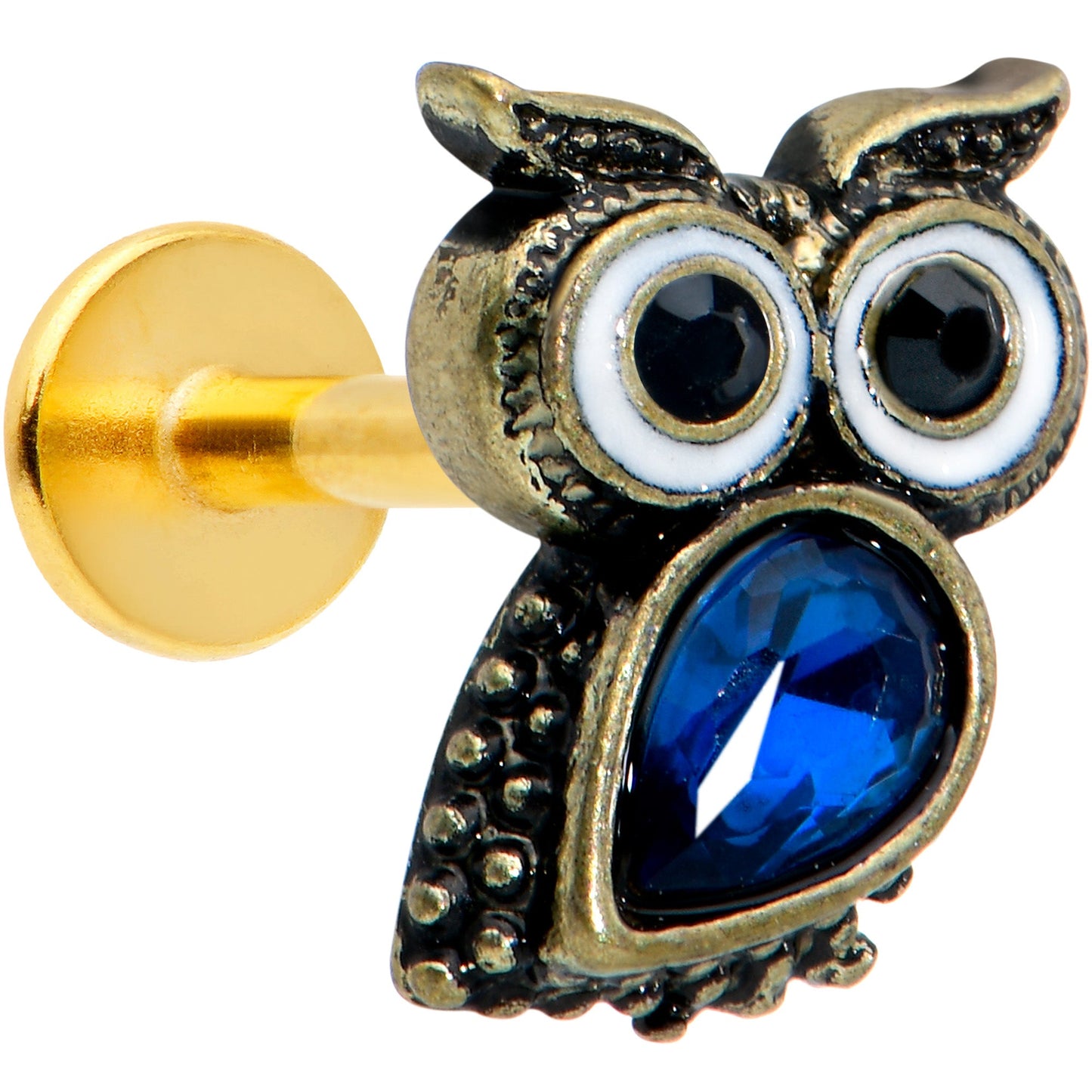 16 Gauge 5/16 Blue Gem Gold Tone Wide Eyed Owl Labret Monroe Tragus