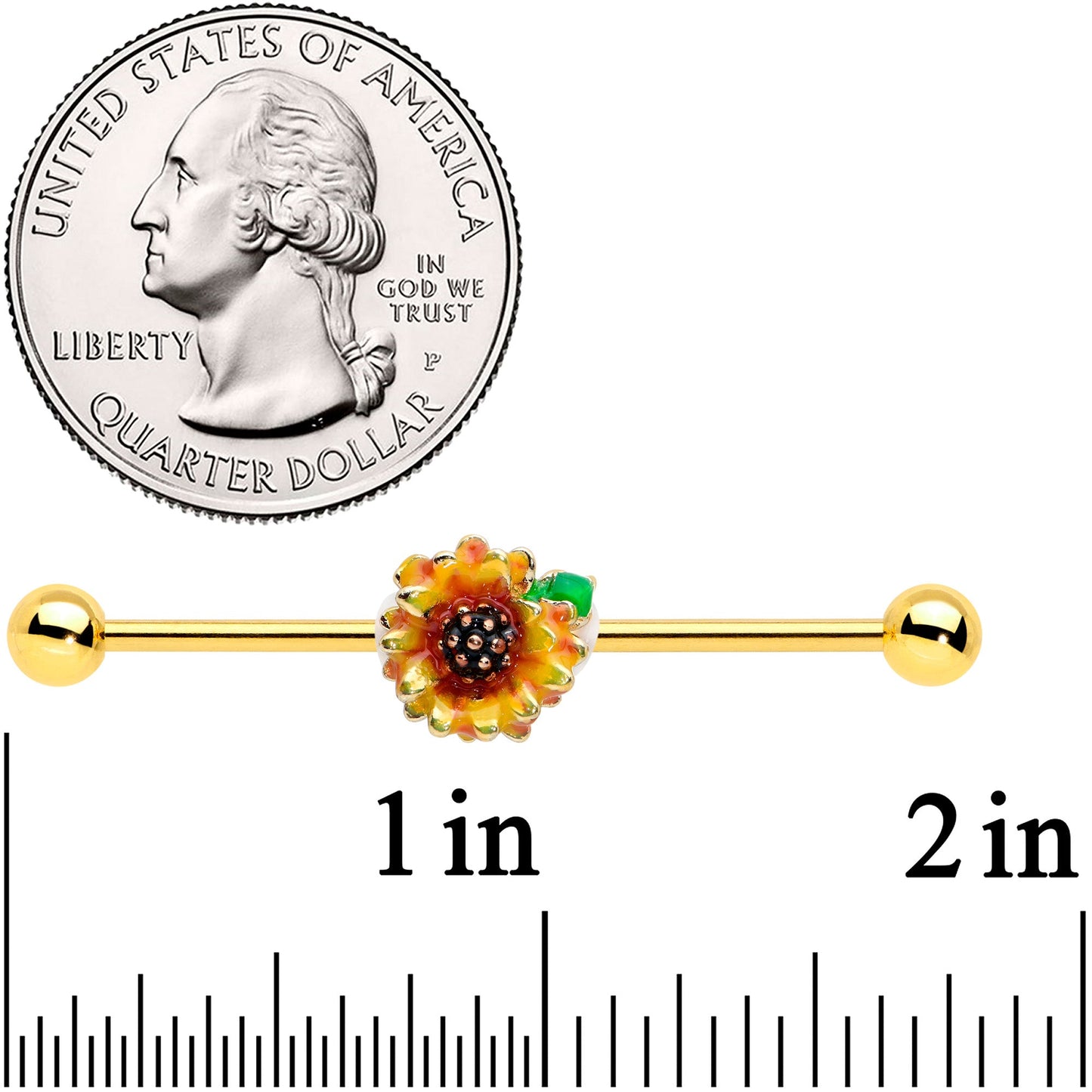 14 Gauge Gold Tone Summer Sunflower Industrial Barbell 38mm