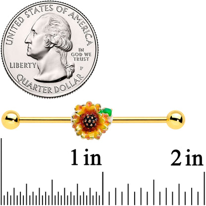 14 Gauge Gold Tone Summer Sunflower Industrial Barbell 38mm