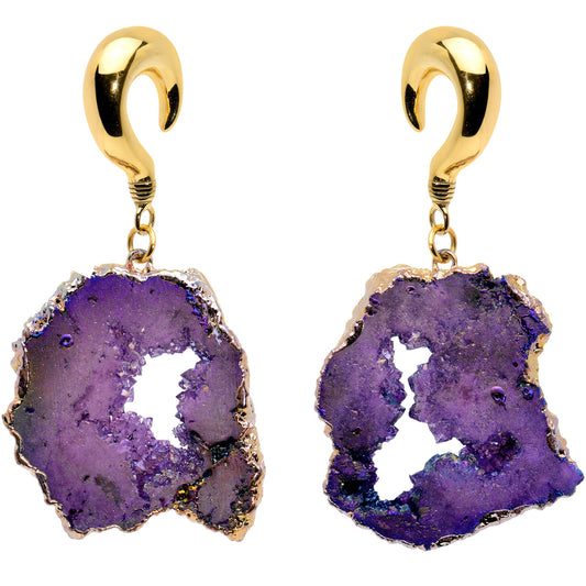 2 Gauge Gold Tone Purple Druzy Stone Curved Taper Ear Weights