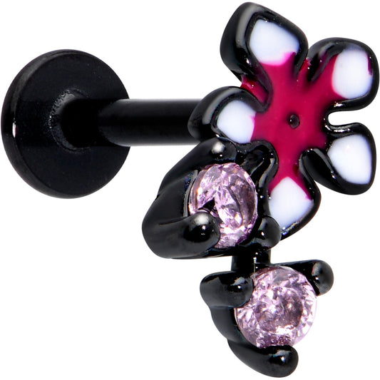 16 Gauge 5/16 Pink Gem Black Fanciful Flower Labret Monroe Tragus