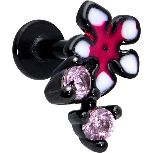 16 Gauge 1/4 Pink Gem Black Fanciful Flower Labret Monroe Tragus