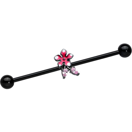 14 Gauge Pink Gem Black Fanciful Flower Industrial Barbell 38mm