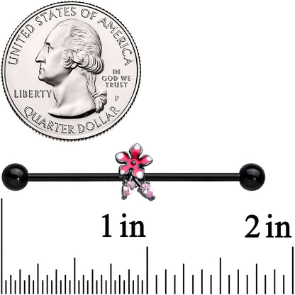 14 Gauge Pink Gem Black Fanciful Flower Industrial Barbell 38mm