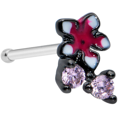 20 Gauge 1/4 Pink Gem Fanciful Black Flower Nose Bone