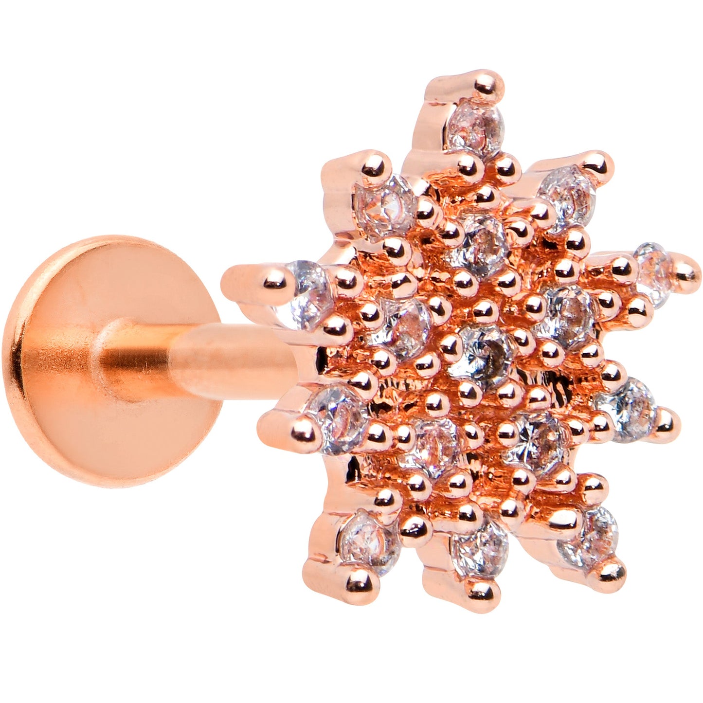 16 Gauge 1/4 Clear Gem Rose Gold Hue Stylish Flower Labret Tragus