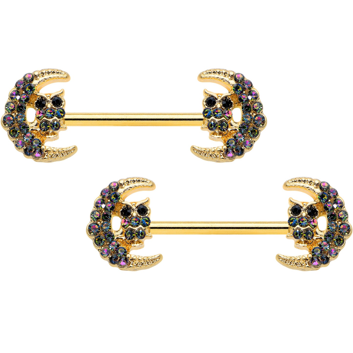 14 Gauge 5/8 Aurora Gem Gold Tone Owl Moon Barbell Nipple Ring Set