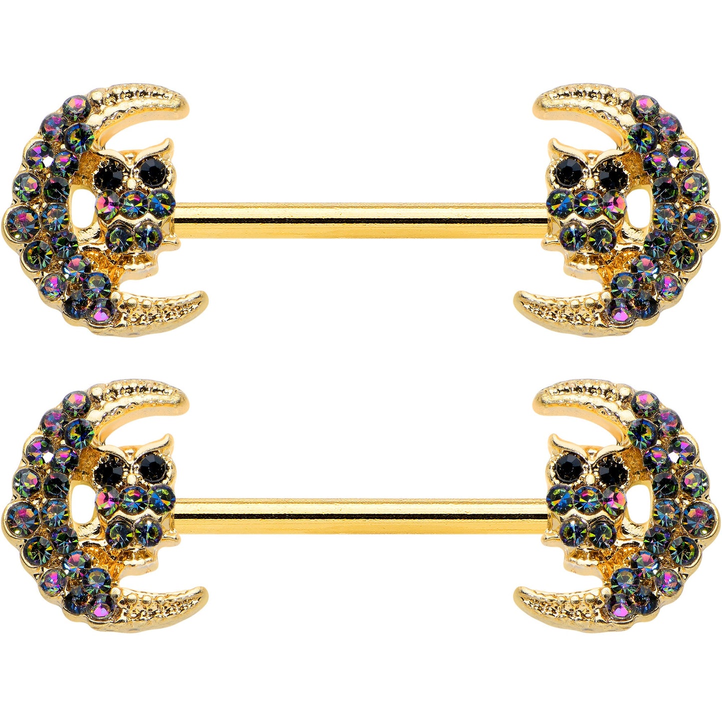 14 Gauge 5/8 Aurora Gem Gold Tone Owl Moon Barbell Nipple Ring Set