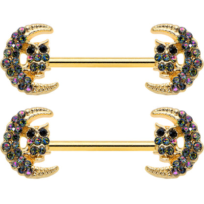 14 Gauge 5/8 Aurora Gem Gold Tone Owl Moon Barbell Nipple Ring Set