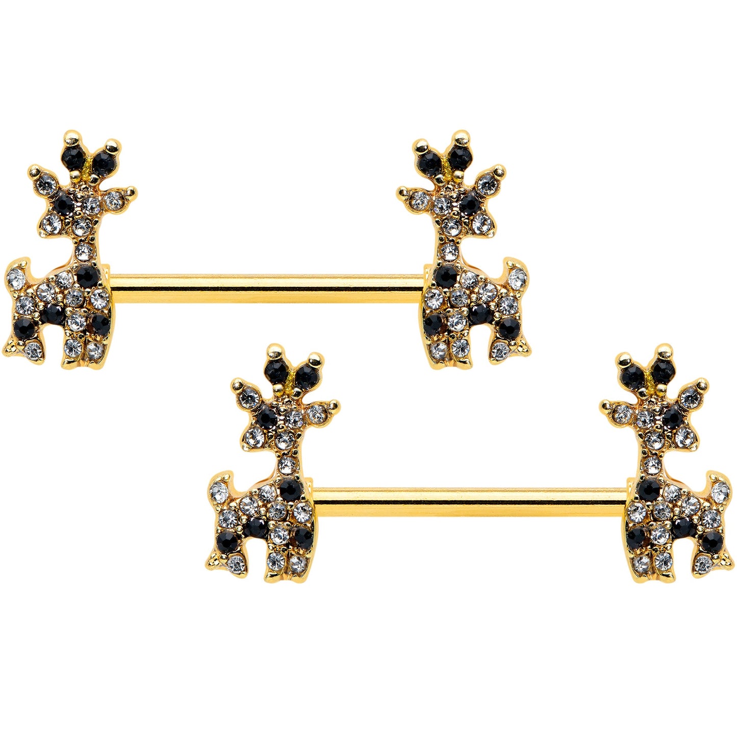 14 Gauge 9/16 Black Gem Gold Tone Decadent Deer Nipple Ring Set