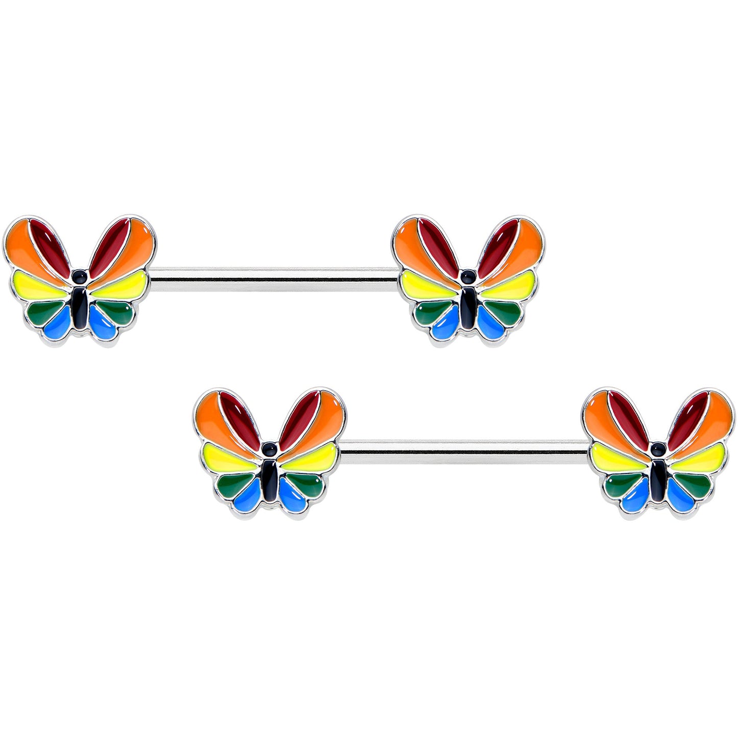 14 Gauge 9/16 Pride Rainbow Stripe Butterfly Barbell Nipple Ring Set