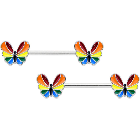 14 Gauge 9/16 Pride Rainbow Stripe Butterfly Barbell Nipple Ring Set