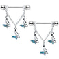 14 Gauge 9/16 Blue Gem Open Butterfly Chain Dangle Nipple Ring Set