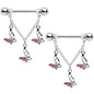 14 Gauge 9/16 Pink Gem Open Butterfly Chain Dangle Nipple Ring Set