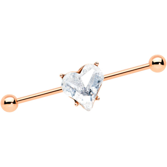 14 Gauge Clear Rose Gold Tone Heart Valentine Industrial Barbell 38mm