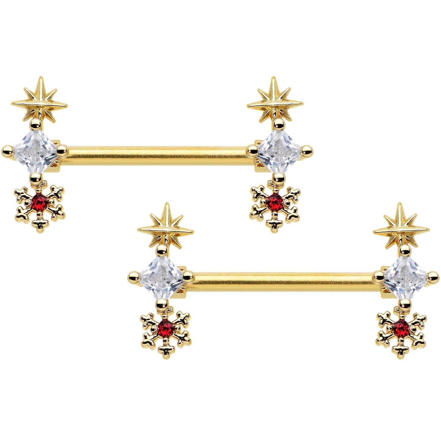 14 Gauge 9/16 Red Gold Tone Snowflake Star Christmas Nipple Ring Set