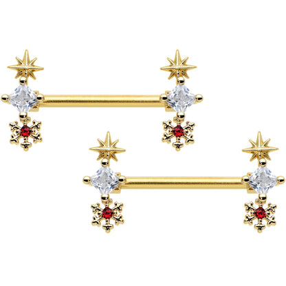 14 Gauge 9/16 Red Gold Tone Snowflake Star Christmas Nipple Ring Set