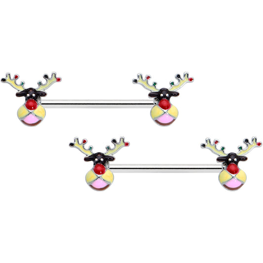 14 Gauge 9/16 Colorful Reindeer Christmas Barbell Nipple Ring Set