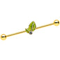 14 Gauge Clear Gem Gold Tone Lush Green Leaves Industrial Barbell 38mm