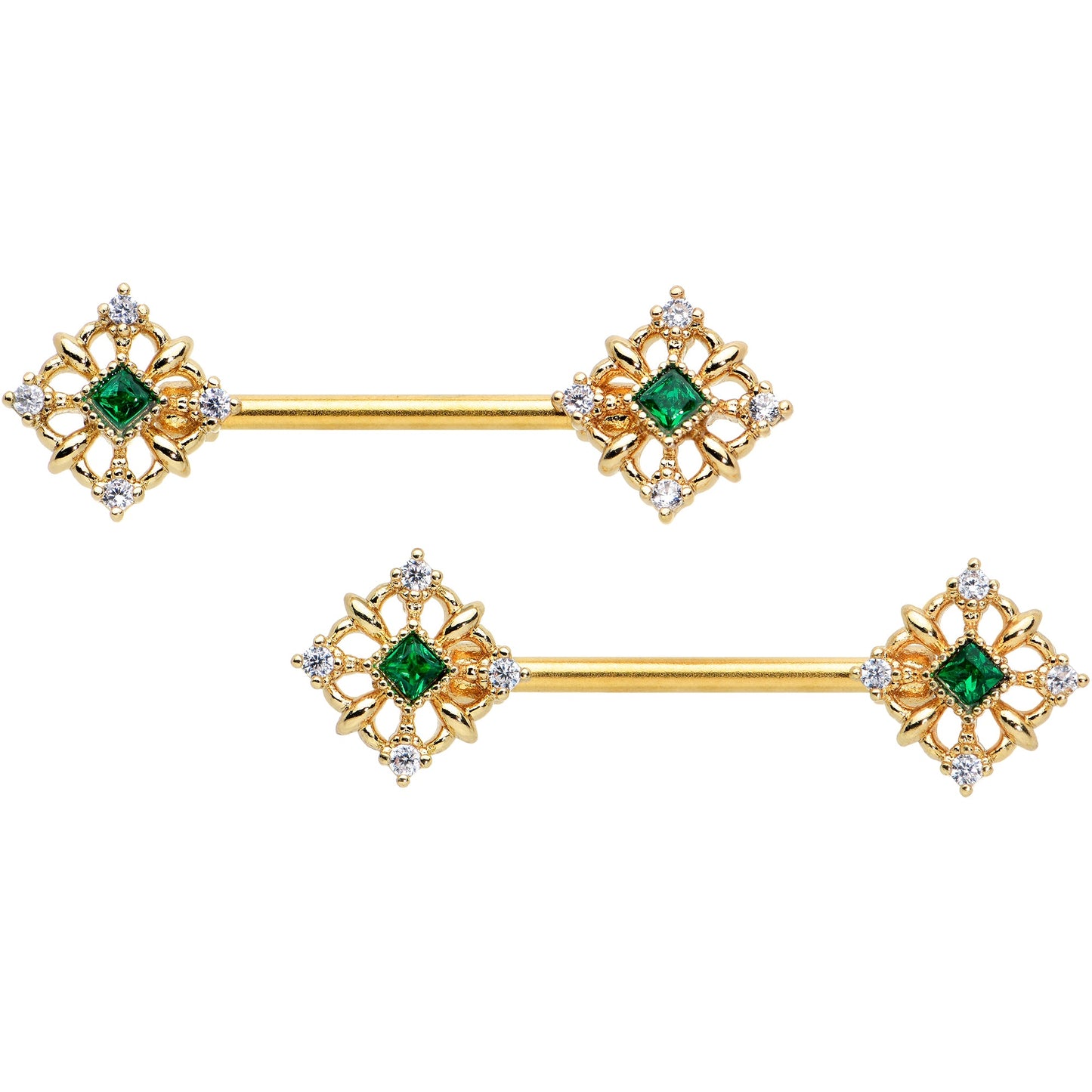 14 Gauge 9/16 Green Gem Gold Tone Noble Square Barbell Nipple Ring Set