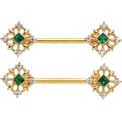 14 Gauge 9/16 Green Gem Gold Tone Noble Square Barbell Nipple Ring Set