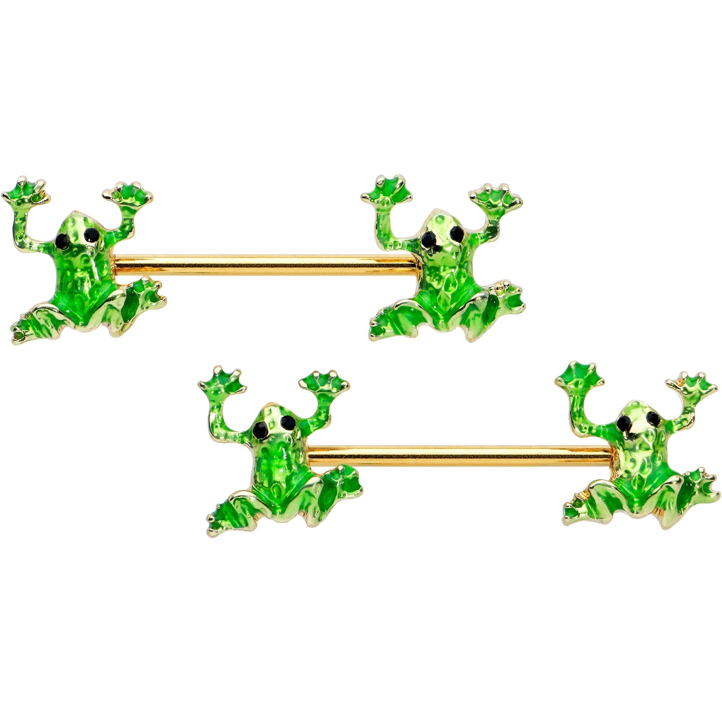 14 Gauge 9/16 Gold Tone Green Tree Frog Barbell Nipple Ring Set