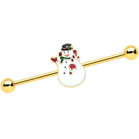 14 Gauge Gold Tone Winter Snowman Christmas Industrial Barbell 38mm