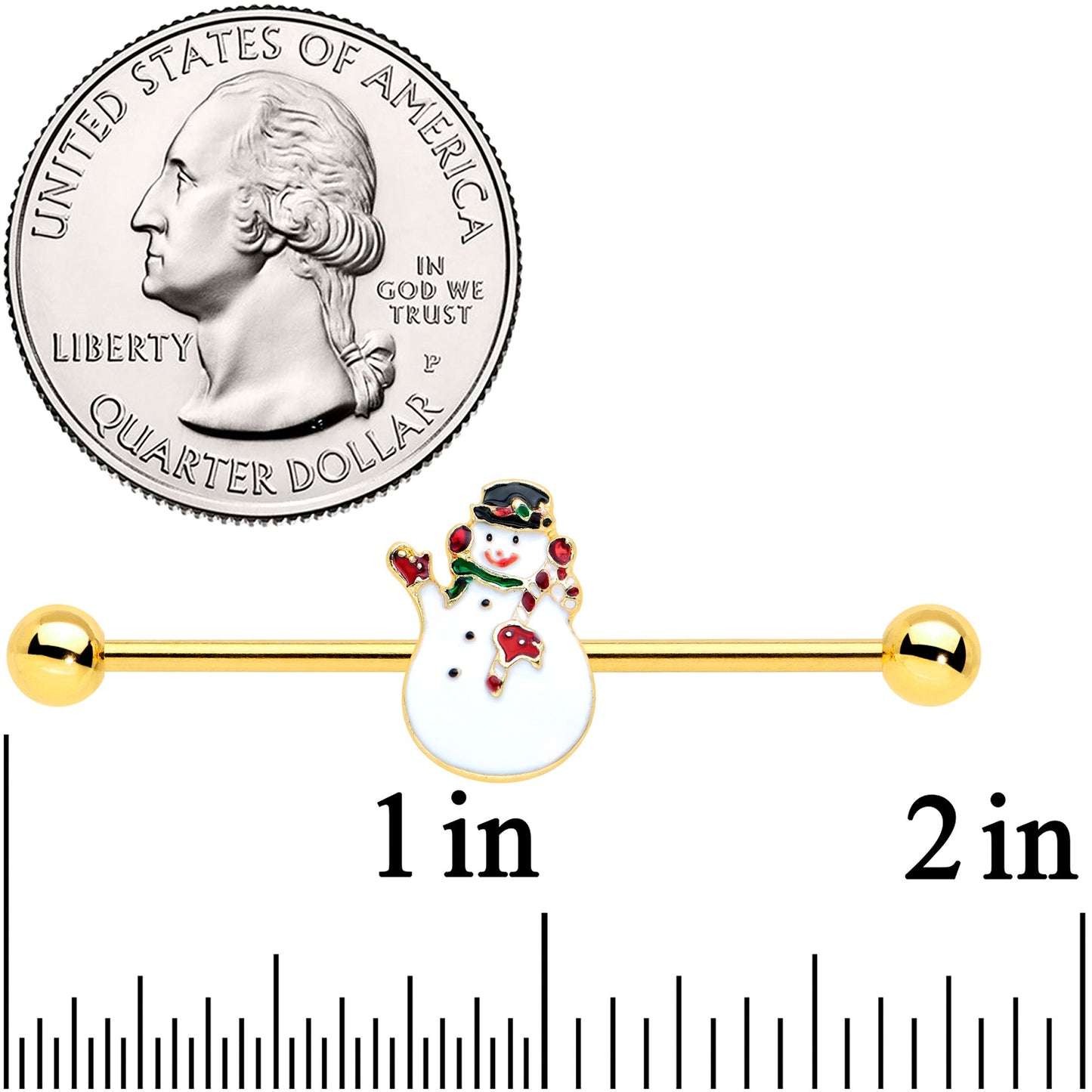 14 Gauge Gold Tone Winter Snowman Christmas Industrial Barbell 38mm