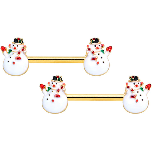 14 Gauge 9/16 Gold Tone Winter Snowman Christmas Nipple Ring Set