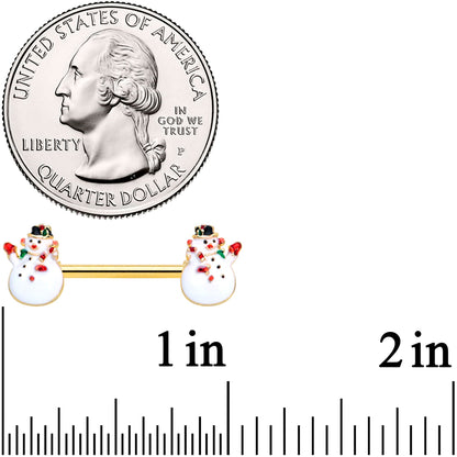 14 Gauge 9/16 Gold Tone Winter Snowman Christmas Nipple Ring Set