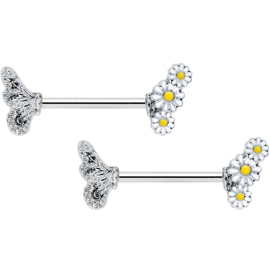 14 Gauge 9/16 Clear Gem Butterfly Daisy Flower Barbell Nipple Ring Set