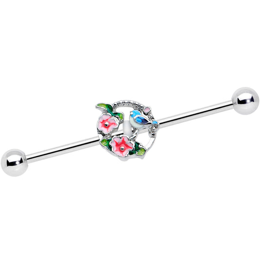 14 Gauge Little Blue Bird Pink Flowers Industrial Barbell 38mm