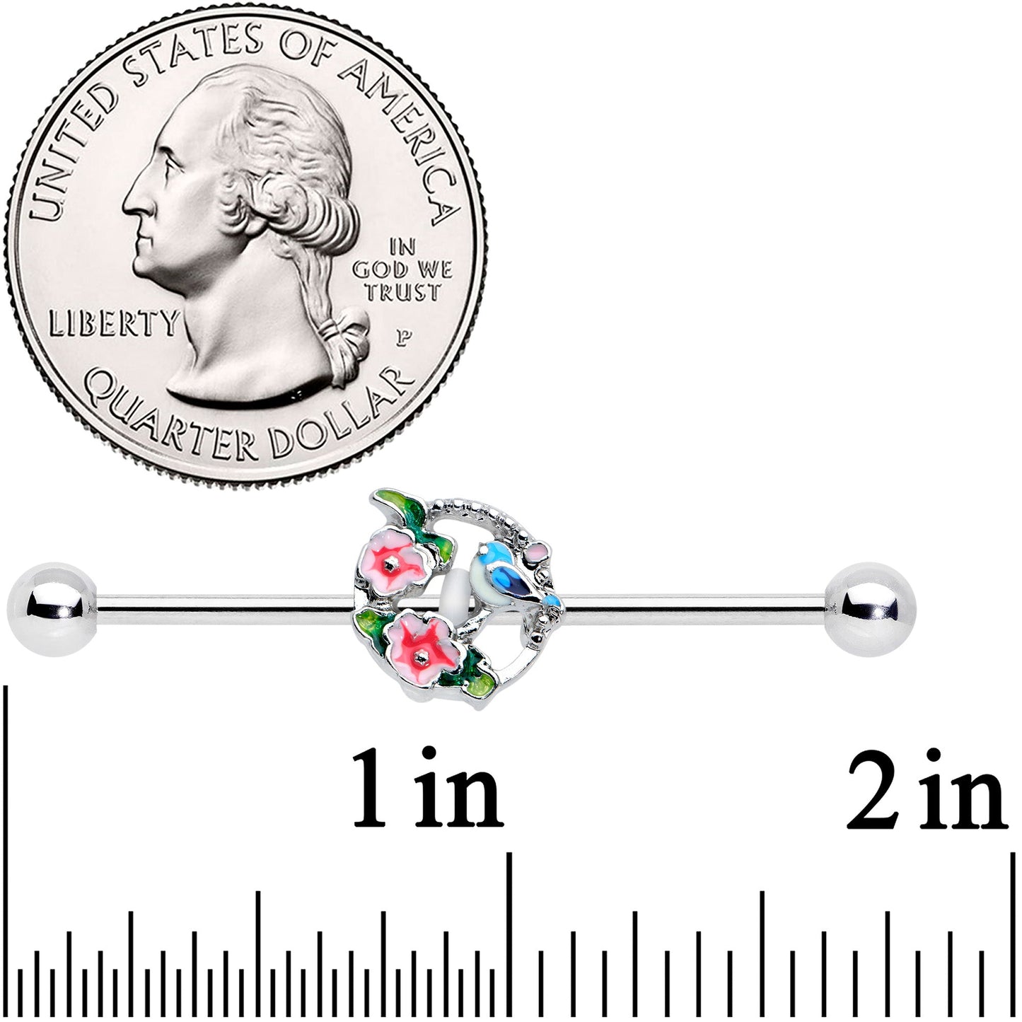 14 Gauge Little Blue Bird Pink Flowers Industrial Barbell 38mm