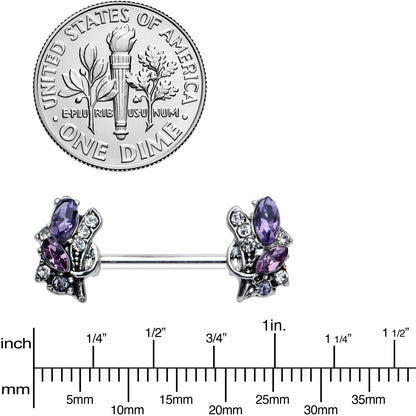 14 Gauge 9/16 Purple Gem Abstract Elegance Barbell Nipple Ring Set