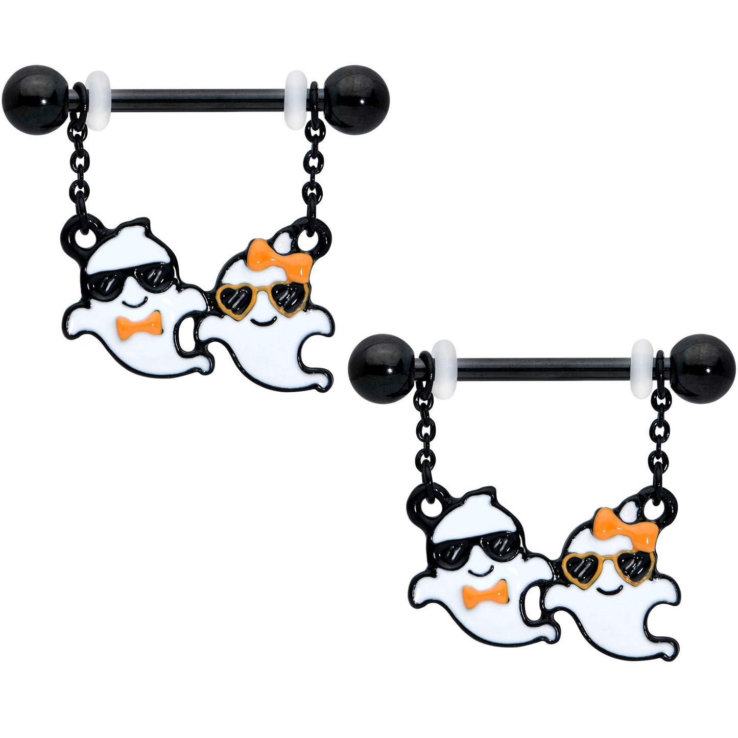 14 Gauge 9/16 Black Date Night Ghosts Halloween Dangle Nipple Ring Set