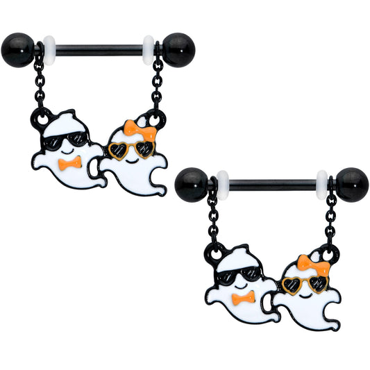 14 Gauge 9/16 Black Date Night Ghosts Halloween Dangle Nipple Ring Set