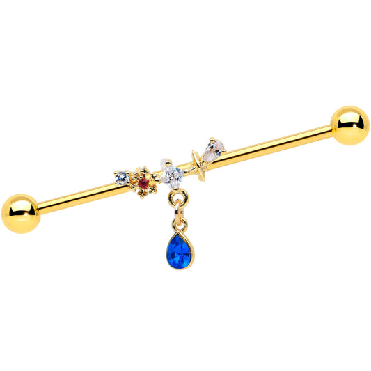 14 Gauge Clear Blue Gem Gold Tone Drop Dangle Industrial Barbell 38mm