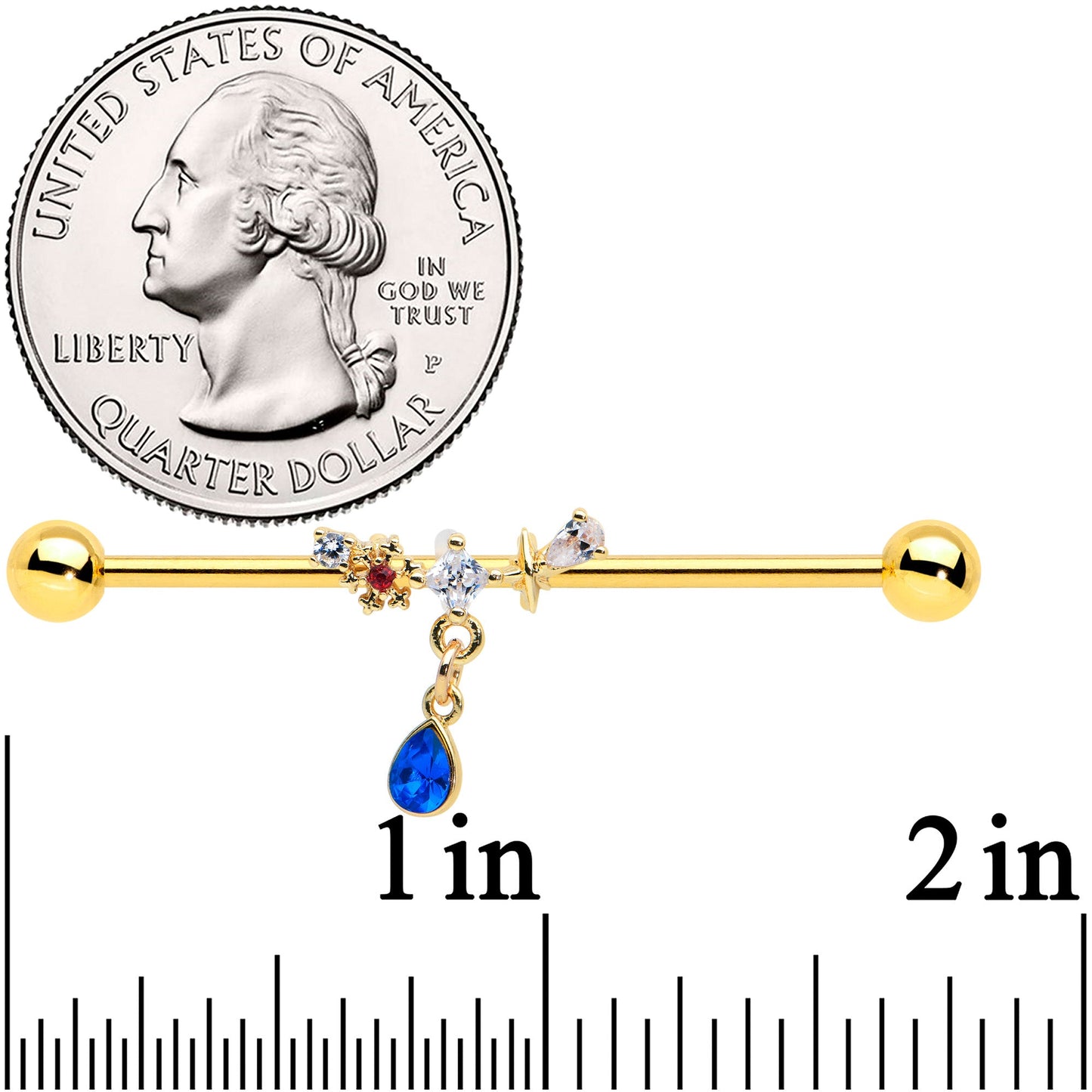 14 Gauge Clear Blue Gem Gold Tone Drop Dangle Industrial Barbell 38mm