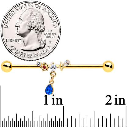 14 Gauge Clear Blue Gem Gold Tone Drop Dangle Industrial Barbell 38mm