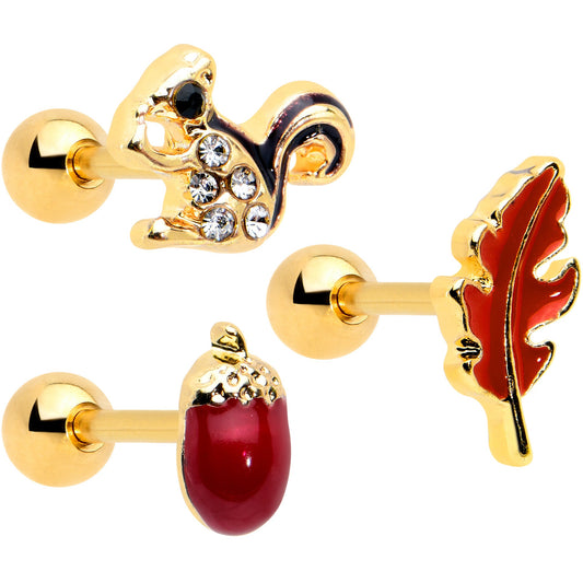 16 Gauge 1/4 Clear Gem Gold Hue Autumn Acorn Cartilage Tragus Set of 3