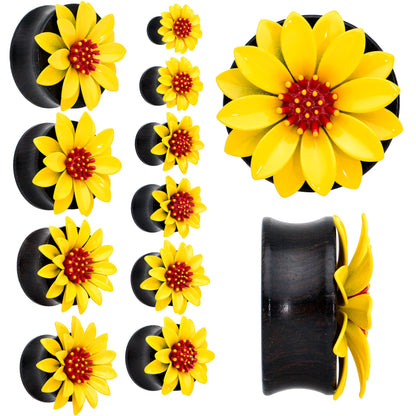 Natural Wood Yellow Sunflower Double Flare Plug Set