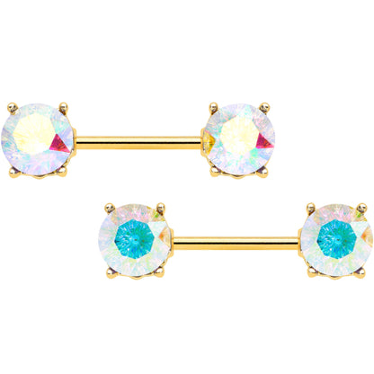 14 Gauge 9/16 Clear Gem Gold Tone Simply Elegant Nipple Ring Set