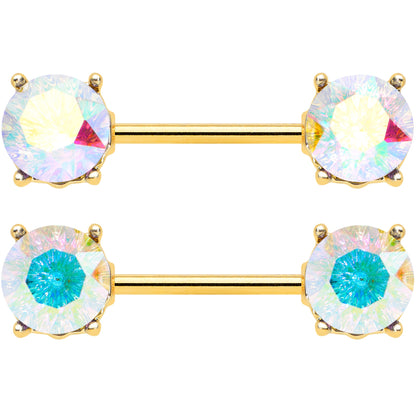 14 Gauge 9/16 Clear Gem Gold Tone Simply Elegant Nipple Ring Set